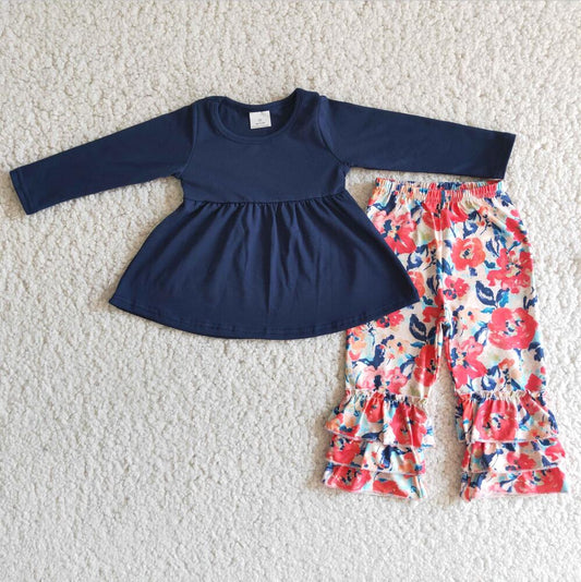 NAVY FLORAL RUFFLE PANT SET