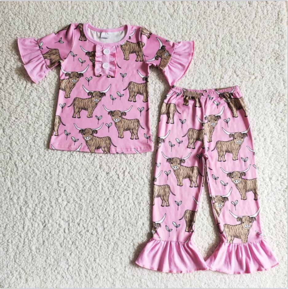 GIRLS SHORT SLEEVE HIGHLAND COW PAJAMA SET