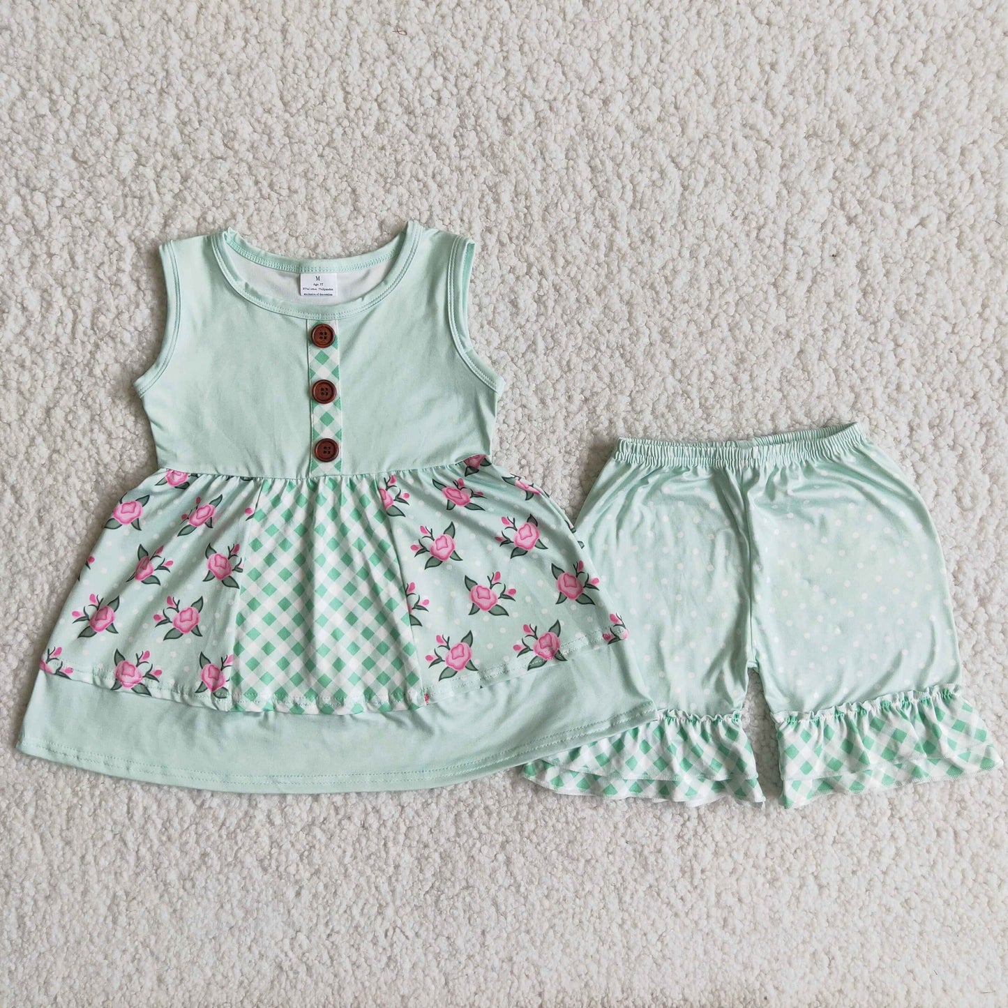 MINT &PINK FLORAL RUFFLE SHORT SET