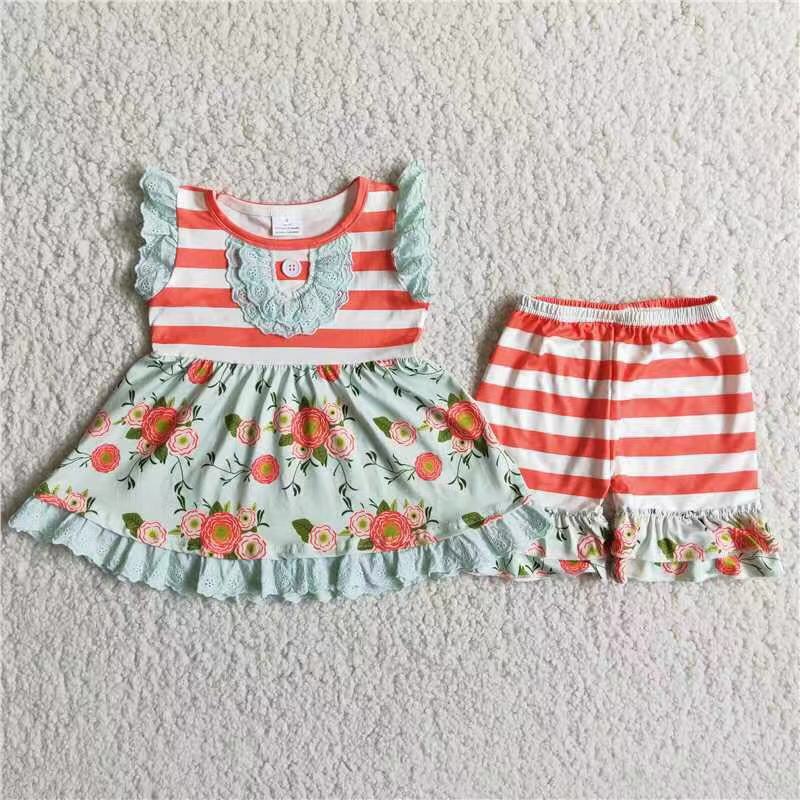 ORANGE STRIPED FLORAL RUFFLE SHORT SET