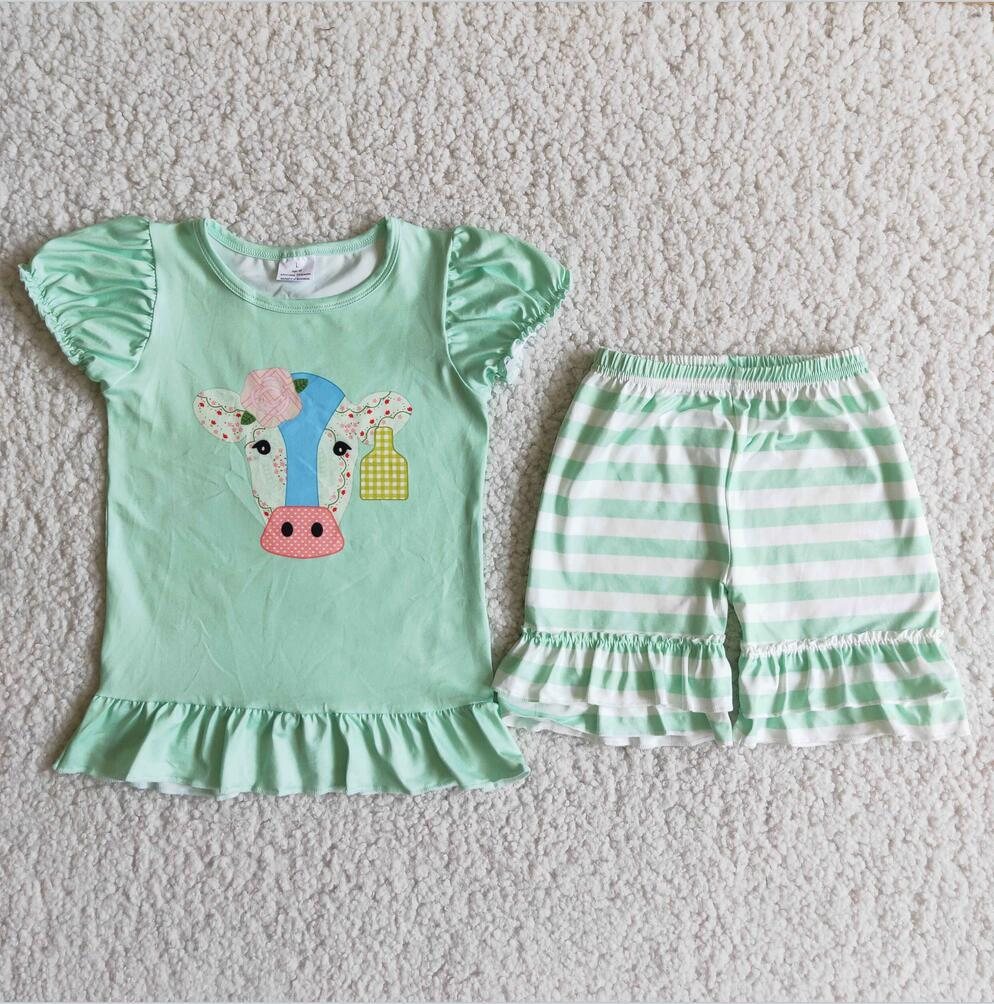 MINT COW STRIPED RUFFLE SHORT SET