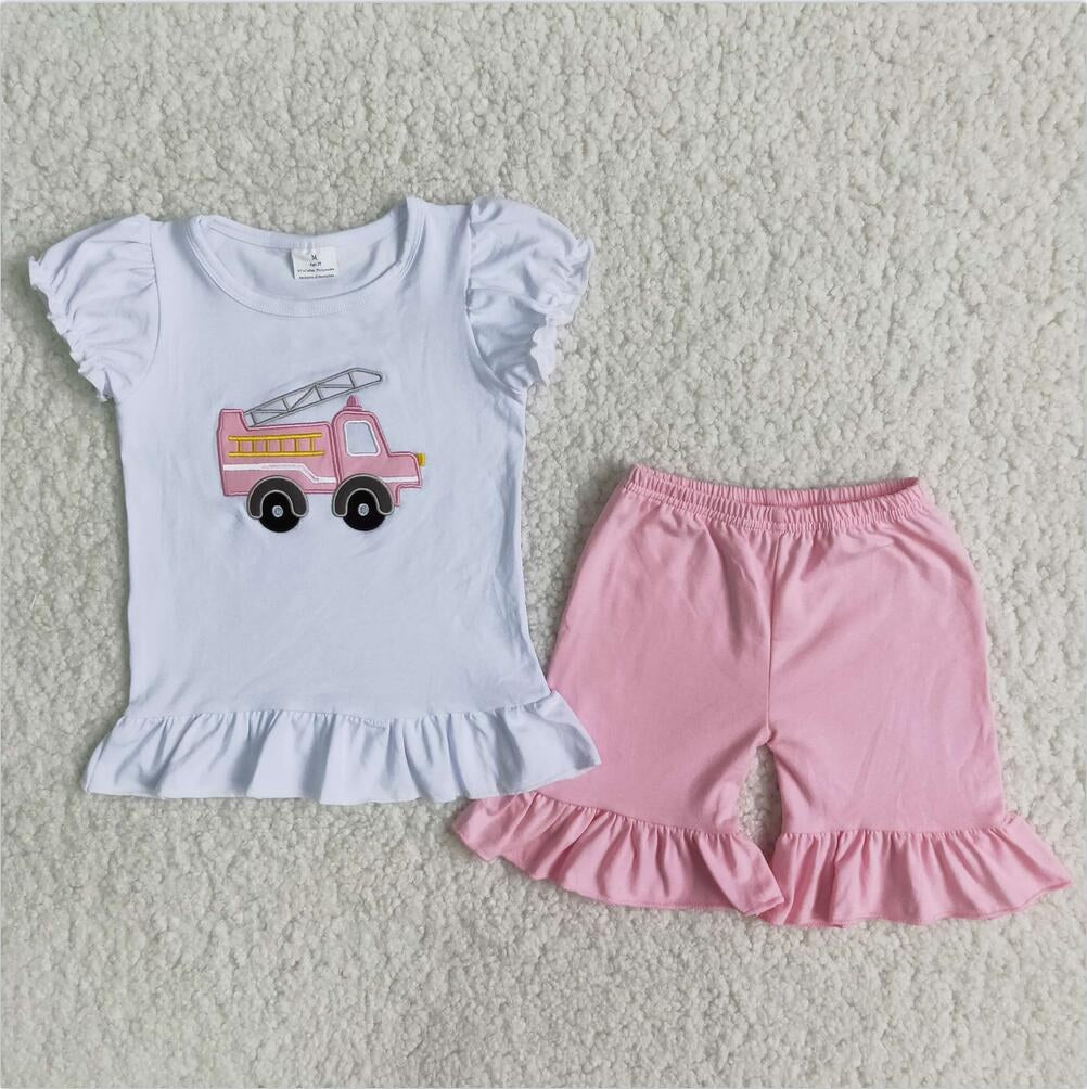 PINK FIRE TRUCK RUFFLE SHORT SET