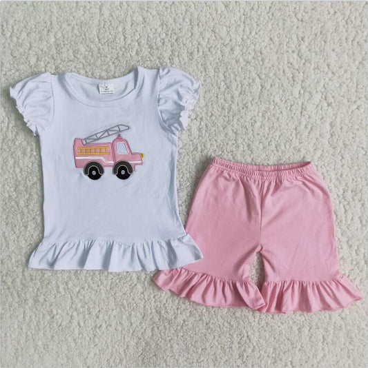 PINK FIRE TRUCK RUFFLE SHORT SET