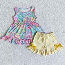 WATERCOLOR YELLOW PLAID RUFFLE SHORT SET