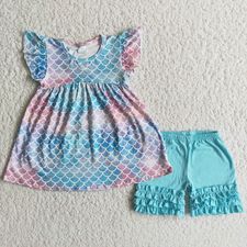 PINK & BLUE MERMAID RUFFLE SHORT SET