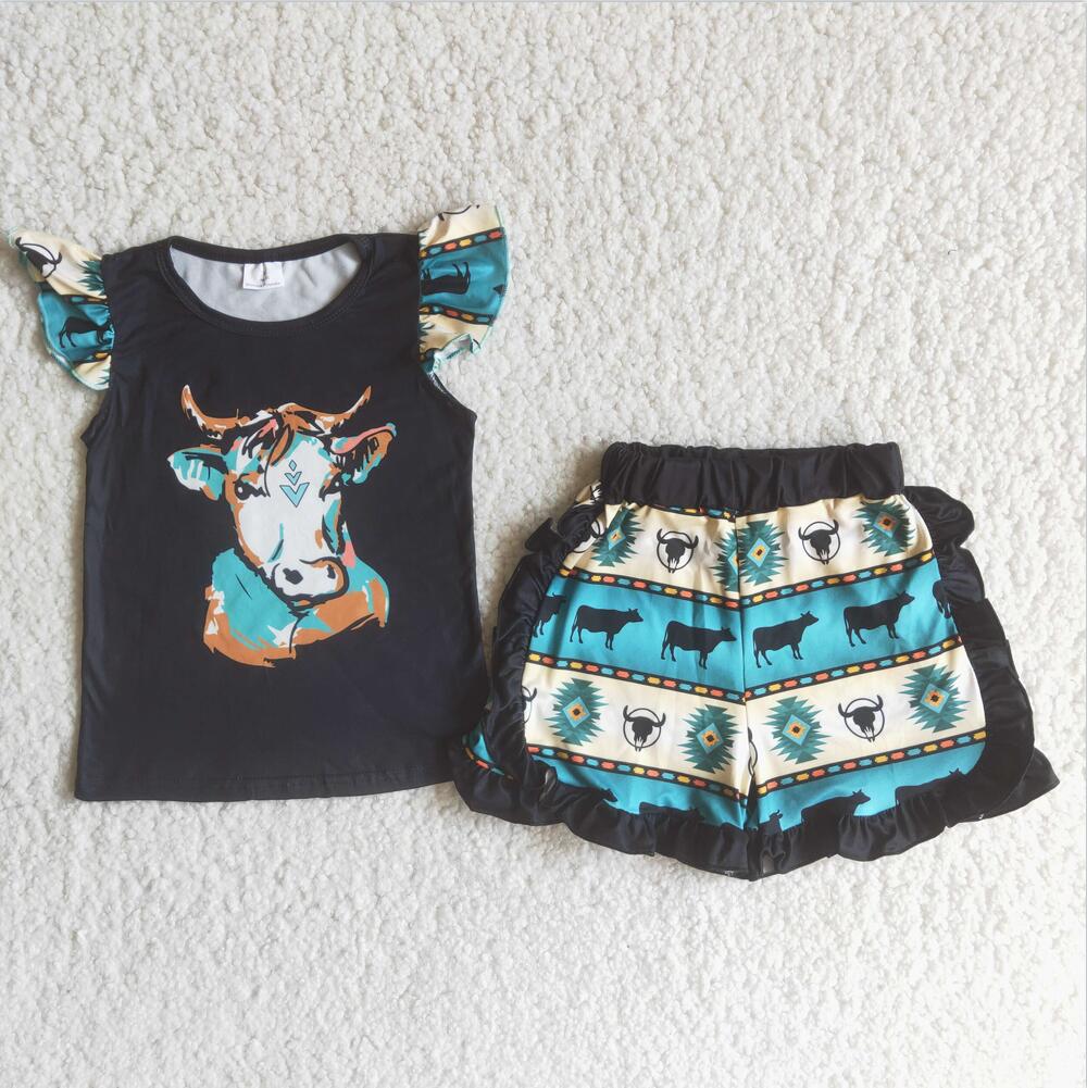 BLACK & TURQUOISE BULL RUFFLE SHORT SET