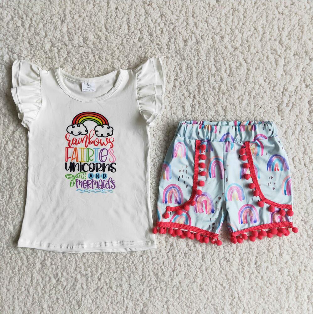 RAINBOWS & UNICORNS POM POM SHORT SET