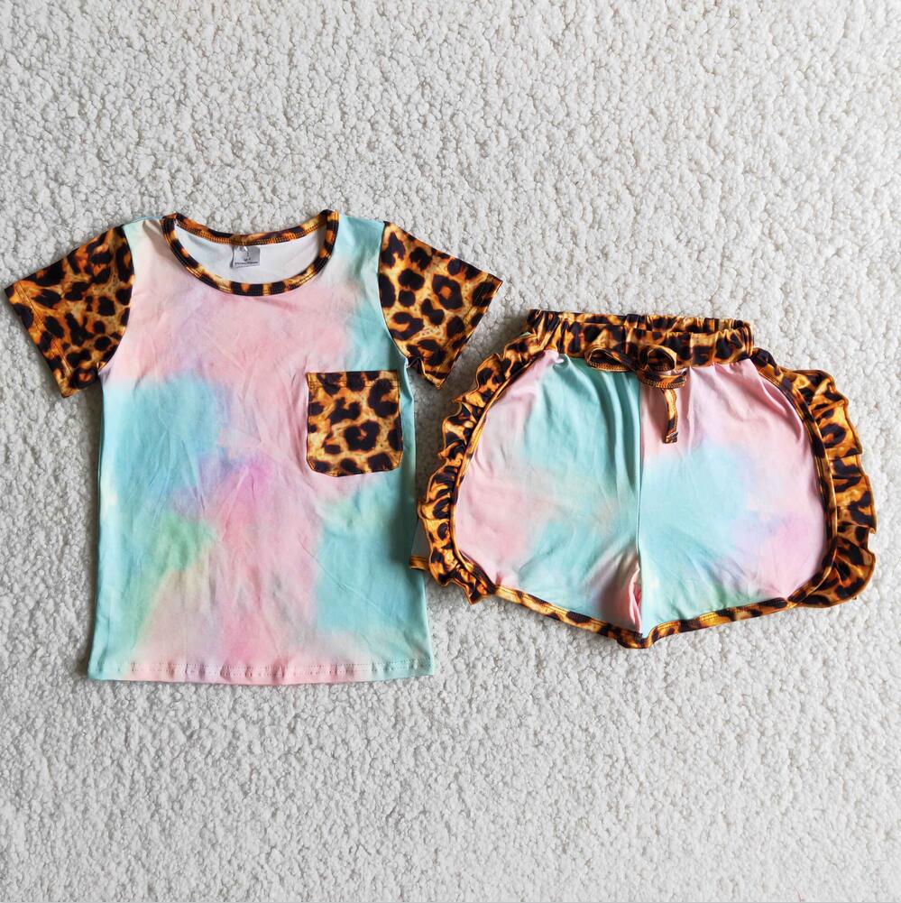 TIE DYE LEOPARD RUFFLE SHORT SET