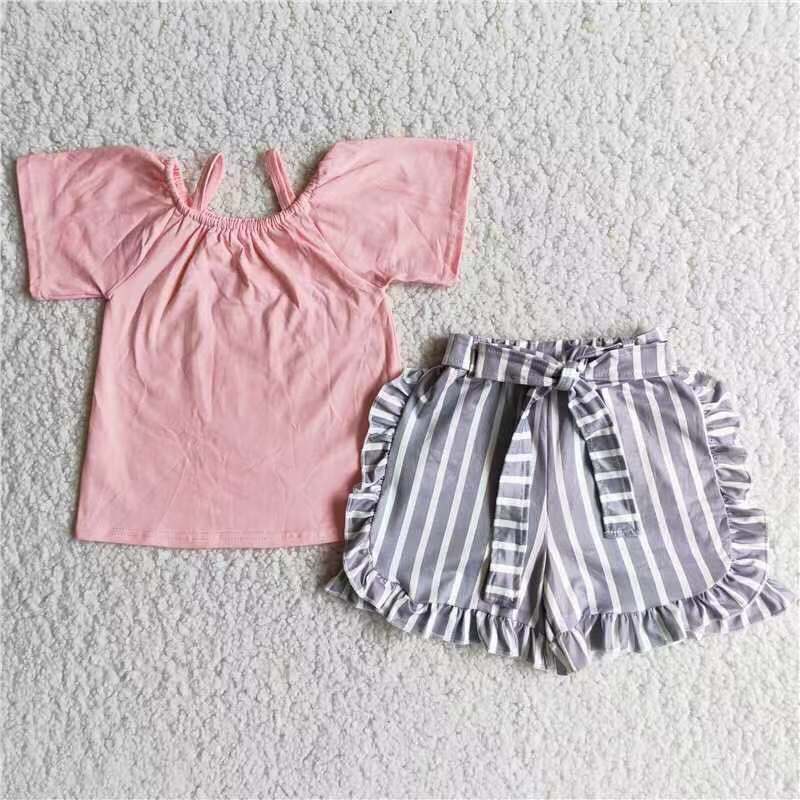 PINK & GRAY STRIPED RUFFLE SHORT SET