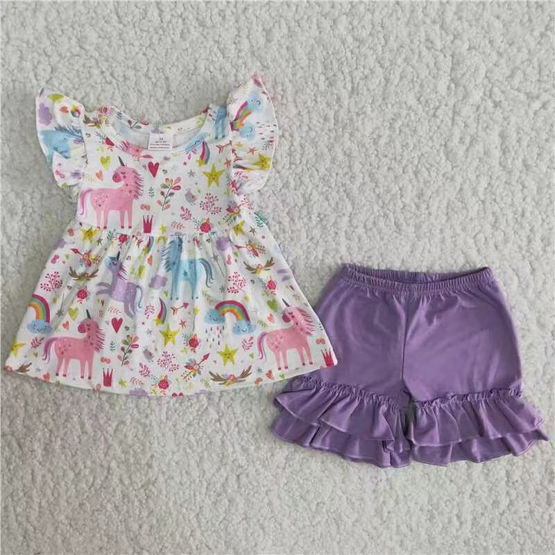 PURPLE UNICORN RUFFLE SHORT SET