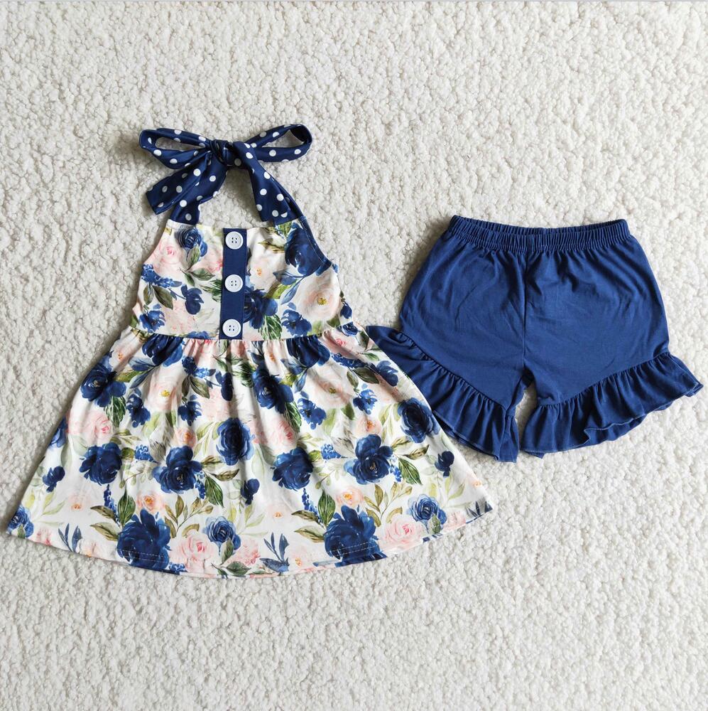 NAVY FLORAL HALTER SHORT SET