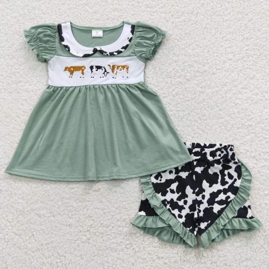 Girls Cow Embroidered Ruffle Short Set