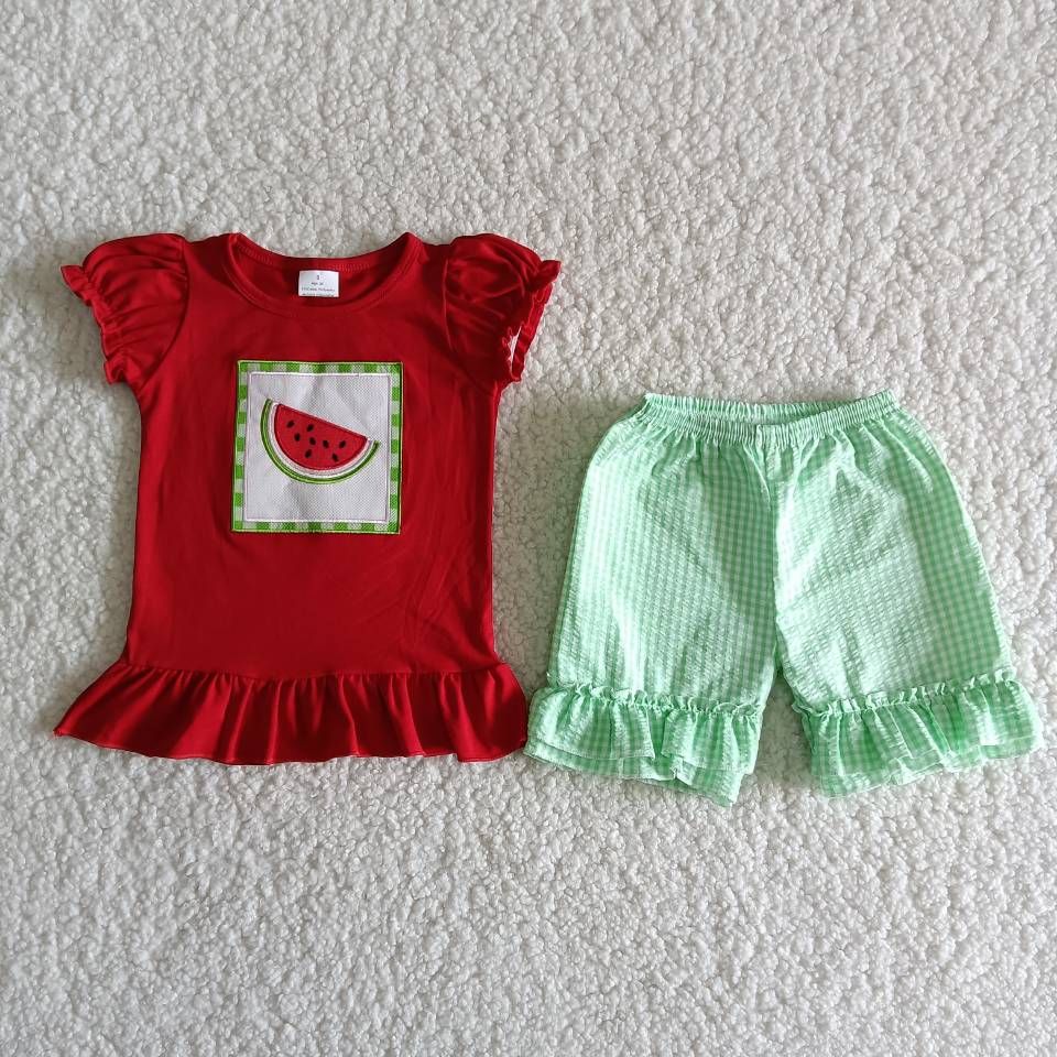 WATERMELON SEERSUCKER RUFFLE SHORT SET