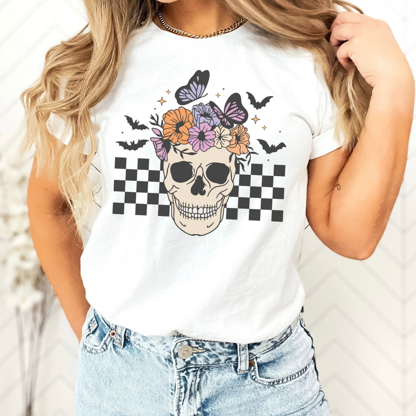 CHECKERED FLORAL SKULL TEE