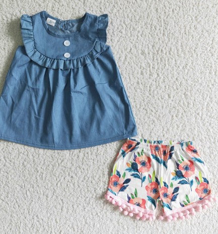 DENIM FLORAL POM POM SHORT SET