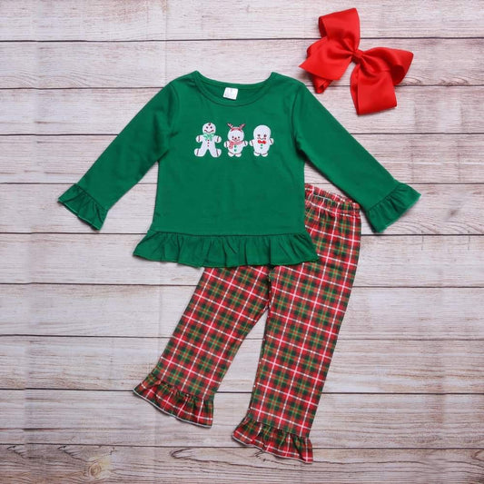 Girl's Gingerbread Embroidered Plaid Pant Set